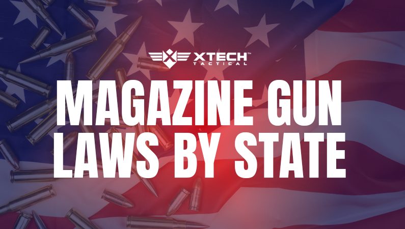 Text reads “Magazine Gun Laws by State” over a background of scattered bullets and an American flag, with the XTech Tactical logo at the top.