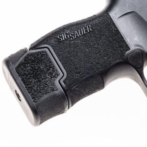 MTX 365 installed on P365 showing back half of pistol facing left. All parts are in black focusing on the texture and high quality finish of the MTX 365.
